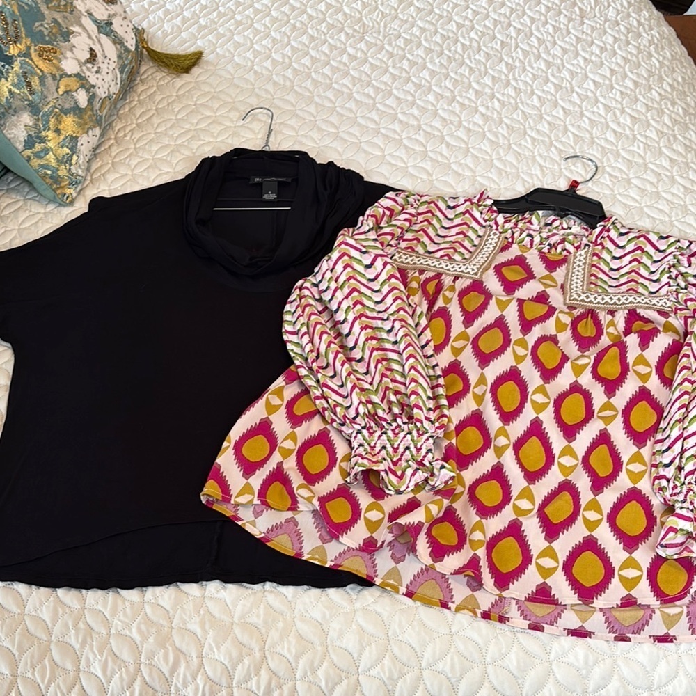 Jodifl Colorful Patterned Blouse and INC Black Cowl Neck Top Oversized Small